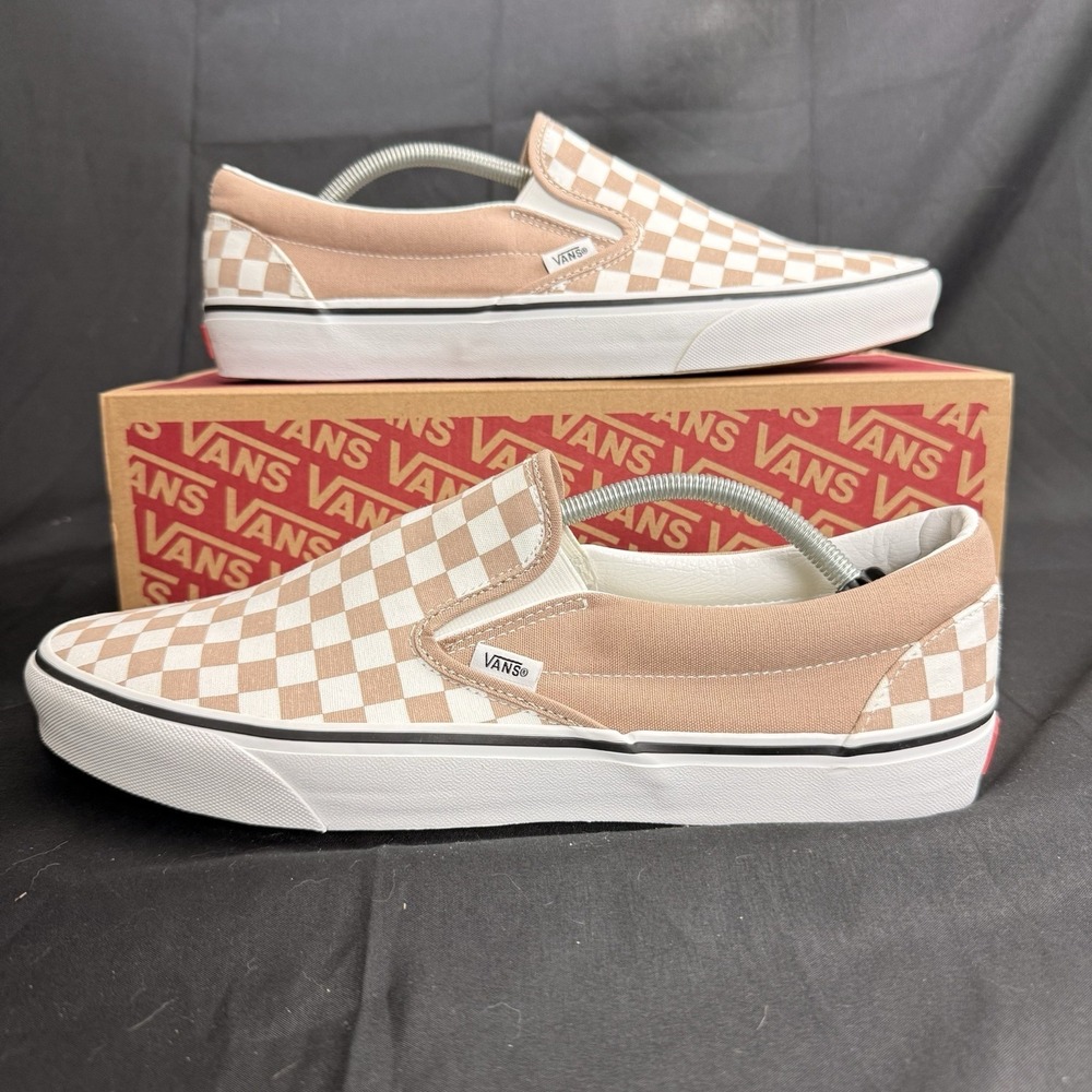 VANS Classic SlipOn Skate Shoes Checkered Tan Brown White Mens Size 13
